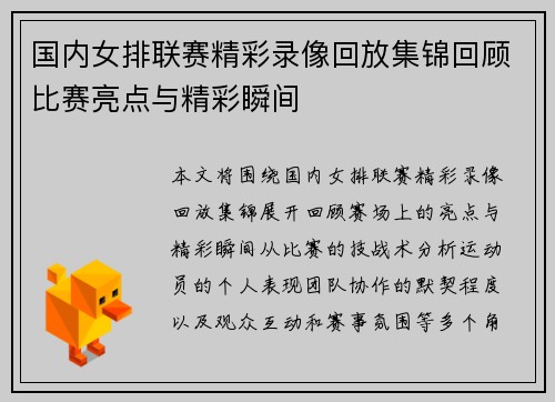 国内女排联赛精彩录像回放集锦回顾比赛亮点与精彩瞬间