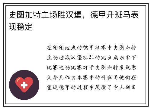 史图加特主场胜汉堡，德甲升班马表现稳定