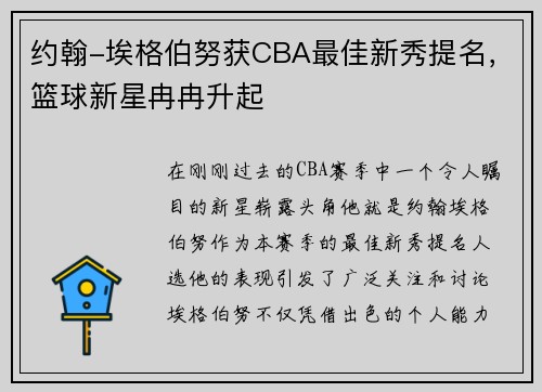 约翰-埃格伯努获CBA最佳新秀提名，篮球新星冉冉升起